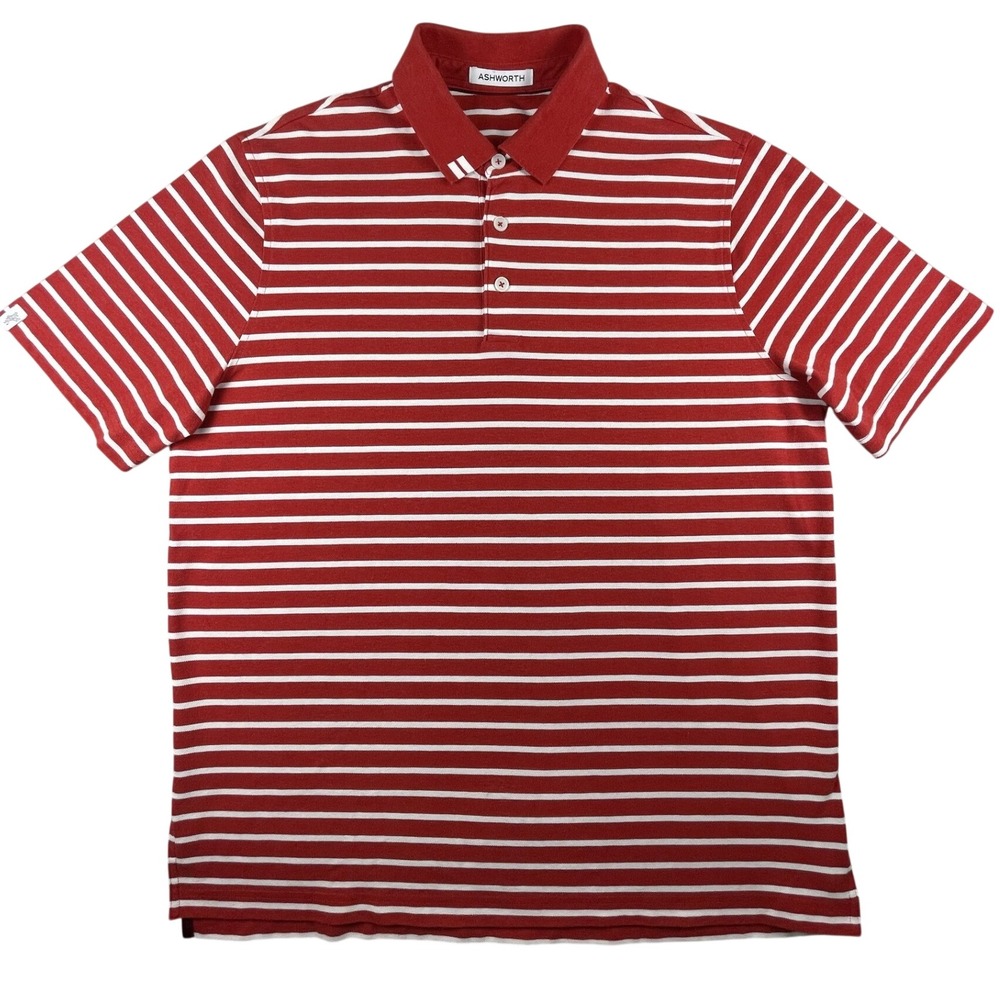 Ashworth Polo Shirt Mens L Red Striped Golf Pima Cotton Sorona Short Sleeve